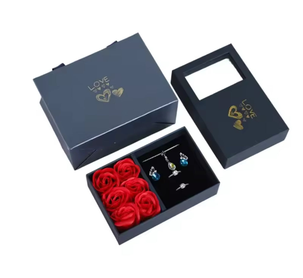 Boîte à bijoux avec ouverture de fenêtre, 6 roses romantiques