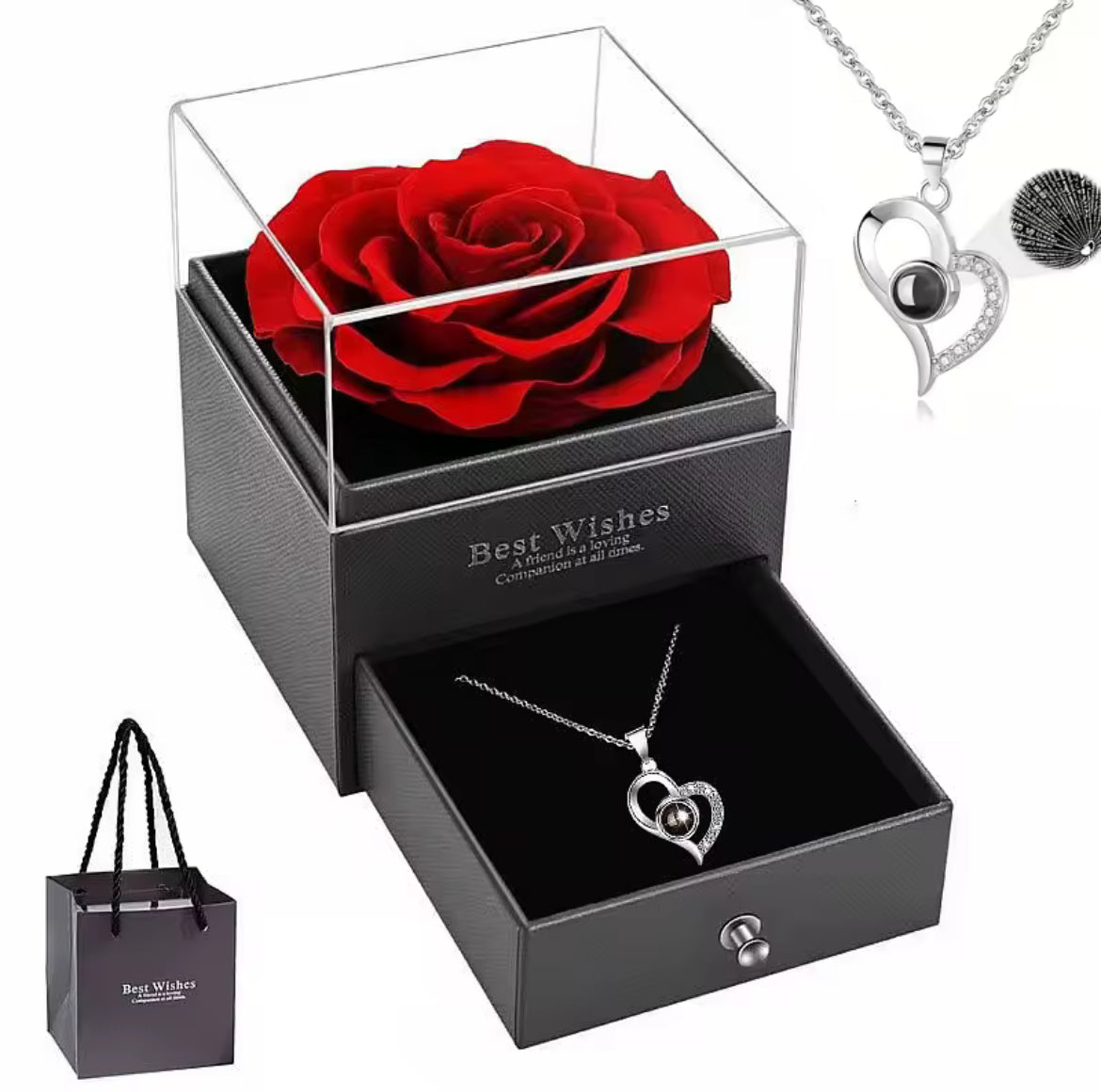 Collier rose rouge en forme de coeur avec coffret cadeau