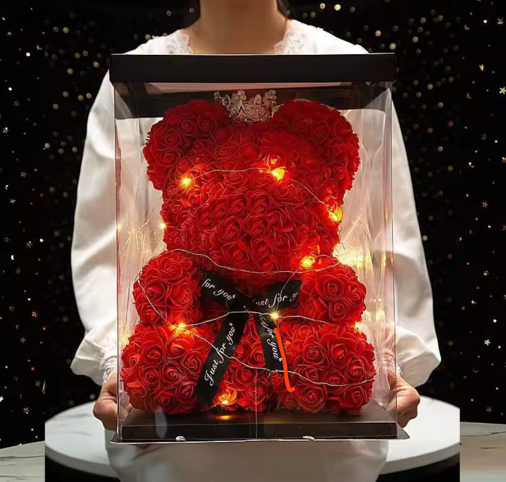 Ourson en Roses Artificielles de 25cm avec Boîte